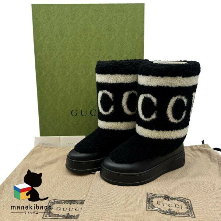 楽天市場】グッチ GUCCI ブラック ファー ブーツ 黒 白 ブラック 