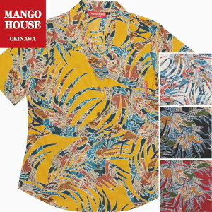 かりゆしウェア レディース 結婚式 ゴルフ 沖縄 かりゆし シャツ アロハ アロハシャツ 開襟 オープンカラー MANGO HOUSE マンゴハウス 国産 リゾート お揃い ペア 197096 和柄シーサーヤシ (開襟