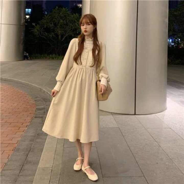 楽天市場 ワンピース パールボタン オルチャン 可愛い 無地 ハイネック 秋 冬 長袖 ひざ下丈 ミモレ丈 ロング丈 フリル レトロ ガーリー ボリューム袖 清楚 ニット モテる 男ウケ フレア きれいめ 上品 大人 女子会 デート 体型カバー レディース ブラック アイボリー