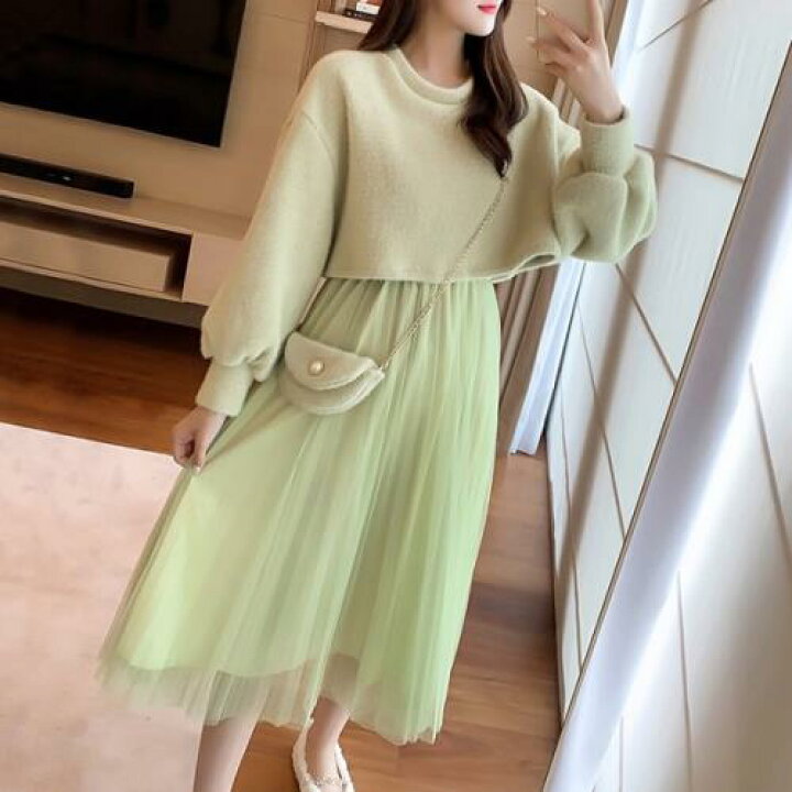 楽天市場 ワンピース セットアップ ツーピース 可愛い 無地 ラウンドネック 秋 冬 長袖 ひざ下丈 ロング丈 オルチャン プルオーバー ボリューム袖 チュール フレア ニット シンプル キャミワンピ きれいめ 上品 大人 清楚 フェミニン デート レディース ホワイト ミント