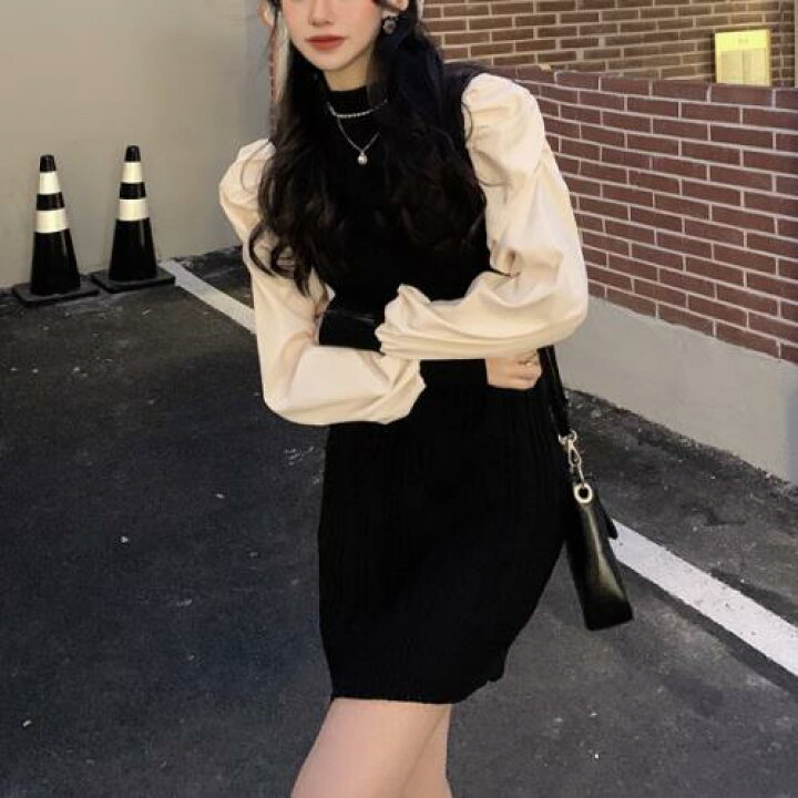 楽天市場 ワンピース ニット オルチャン 可愛い 無地 プチハイネック 春 秋 長袖 ミニ丈 ショート丈 春コーデ やみかわ 量産型 パワーショルダー ボリューム袖 コンビ タイトめ 二の腕カバー モテる 男ウケ おしゃれ きれいめ 大人 女子会 デート レディース ブラック