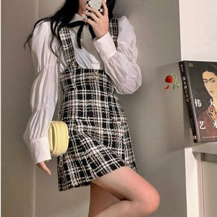 楽天市場 セットアップ 量産型 参戦服 お嬢様 韓国 ゆめかわいい やみかわいい 原宿系 地雷系 ツーピース ブラウス ジャンスカ 2点セット 無地 チェック柄 襟付き 秋 冬 長袖 ミニ丈 ショート丈 おしゃれ 可愛い オルチャン リボンタイ ガーリー レディース ホワイト