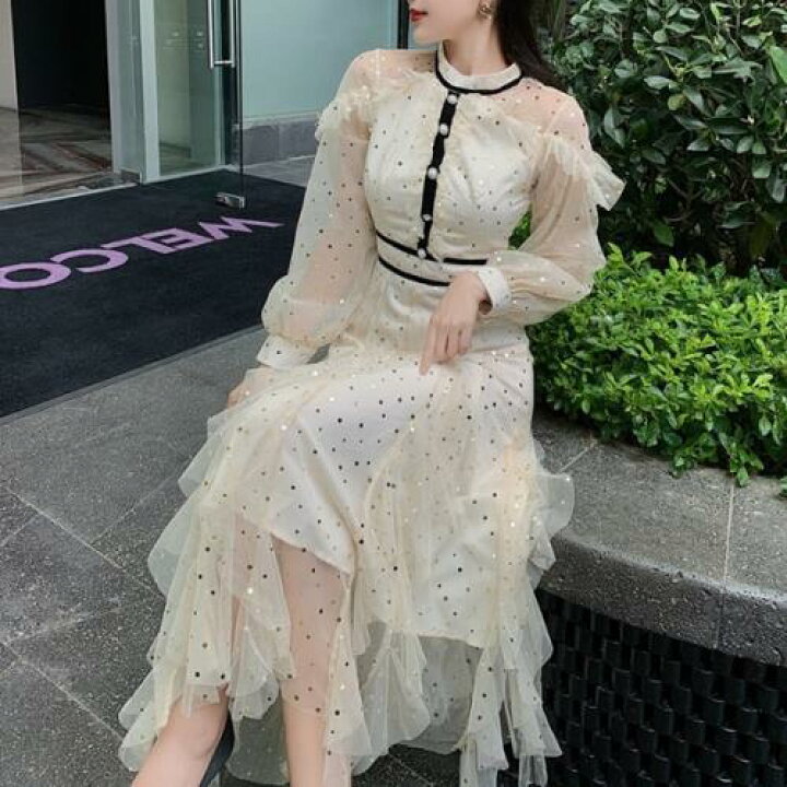楽天市場 ワンピース シフォン チュール 韓国 ドット スタンドカラー 秋 冬 長袖 ロング丈 おしゃれ 可愛い オルチャン 透け感 シースルー フェアリー ふんわり フリル パールボタン キラキラ ヘムスカート フェミニン お嬢様 お出かけ 女子会 デート レディース