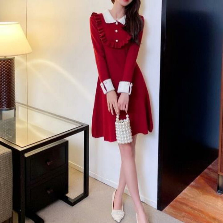 楽天市場 ワンピース ニットワンピ ニット 量産型 お嬢様 韓国 ゆめかわいい やみかわいい 原宿系 地雷系 参戦服 無地 ラウンドネック 秋 冬 長袖 ショート丈 ミニ丈 おしゃれ 可愛い オルチャン フレア パールボタン Aライン 上品 レトロ レディース イエロー レッド