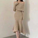 ワンピース ニットワンピ イレギュラー 韓国ファッション 無地 オフショルダー 秋 冬 長袖 ロング丈 ミモレ丈 おしゃれ 可愛い オルチャン 大人可愛い マーメードスカート 裾フレア タイト 折り返し シンプル セクシー エレガント レディース ベージュ ブラック フリーサイズ