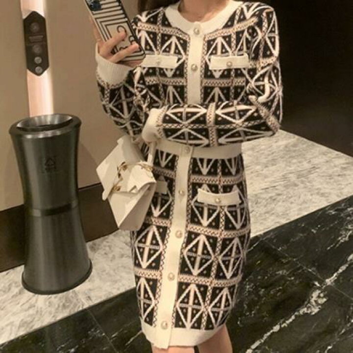 楽天市場 ワンピース ニットワンピ ニットワンピ 韓国 幾何学模様 総柄 ラウンドネック 秋 冬 長袖 ショート丈 おしゃれ 可愛い オルチャン 大人可愛い タイト スリム パール ハイウエスト切替 フェミニン 上品 エレガント きれいめ お出かけ 食事会 女子会 レディース