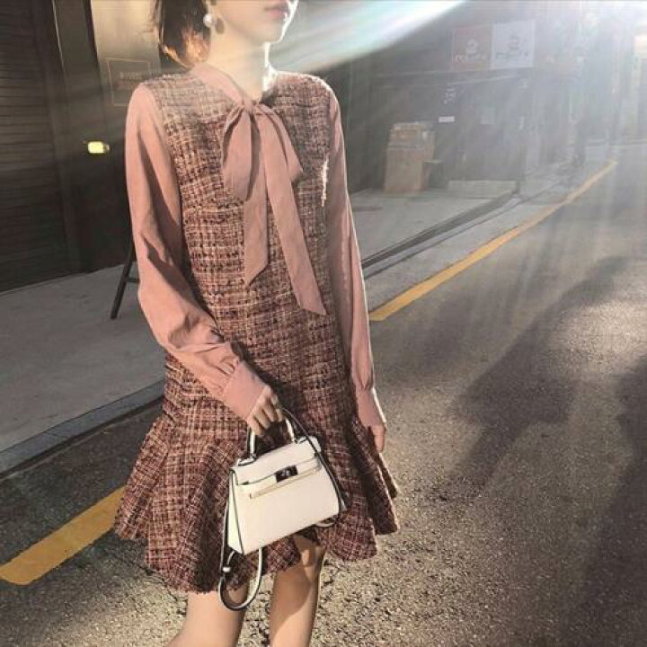 楽天市場 ワンピース ツイード 量産型 お嬢様 韓国 原宿系 地雷系 ゴスロリ ロリータ 無地 チェック柄 リボンタイ 春 秋 冬 長袖 ショート丈 ミニ丈 おしゃれ 可愛い オルチャン 大人可愛い コンビ シャツ 異素材 ティアード シフォン 体型カバー レディース