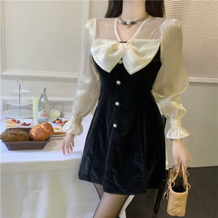 楽天市場 ワンピース ミニワンピ 量産型 お嬢様 韓国 原宿系 ゴスロリ ゴシック ロリータ 異素材 Vネック 春 秋 冬 長袖 ショート丈 ミニ丈 おしゃれ 可愛い コンビ リボン バイカラー モノトーン 上品 きれいめ フレア Aライン シースルー 透け感 光沢感 レディース