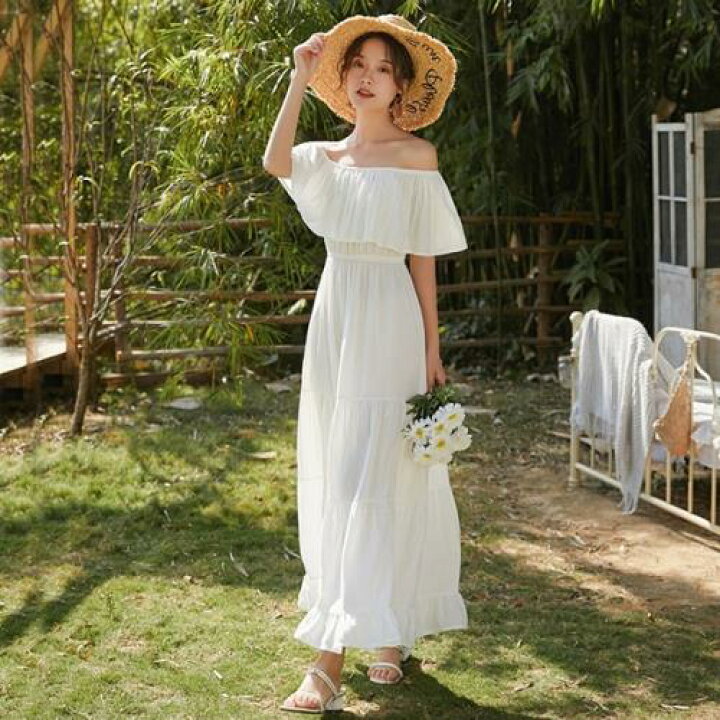 リゾートワンピース マキシワンピース 夏ワンピース ロングワンピース リゾートワンピ マキシワンピ ロングワンピ ビーチ ドレス 韓国 オフショル 半袖 ロング おしゃれ 可愛い フリル フレア Aライン ティアード サマーワンピ レディース 白 ホワイト イエロー ... 花柄ワンピース リボン 薔薇 ボタニカル ビジューボタン ホワイト かわいい❤️