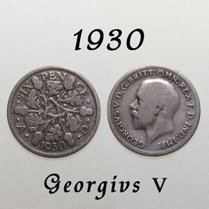 1930年 成長と繁栄 オーク デザイン Acon Ork ジョージ5世 イギリス 50% .500 シルバー Silver ハッピー ウェディング シックスペンス 花嫁の左の靴に銀の6ペンス ラッキー 幸福 幸運を運ぶアンティ