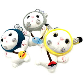 ラインストーン付ぬいぐるみキーホルダー かわいい 面白い バッグチャーム キーリング アクセサリー 猫 ねこ キャット にゃんこ ホワイト 白 イエロー 黄色 グリーン 緑 グレー プレゼント メロウストア