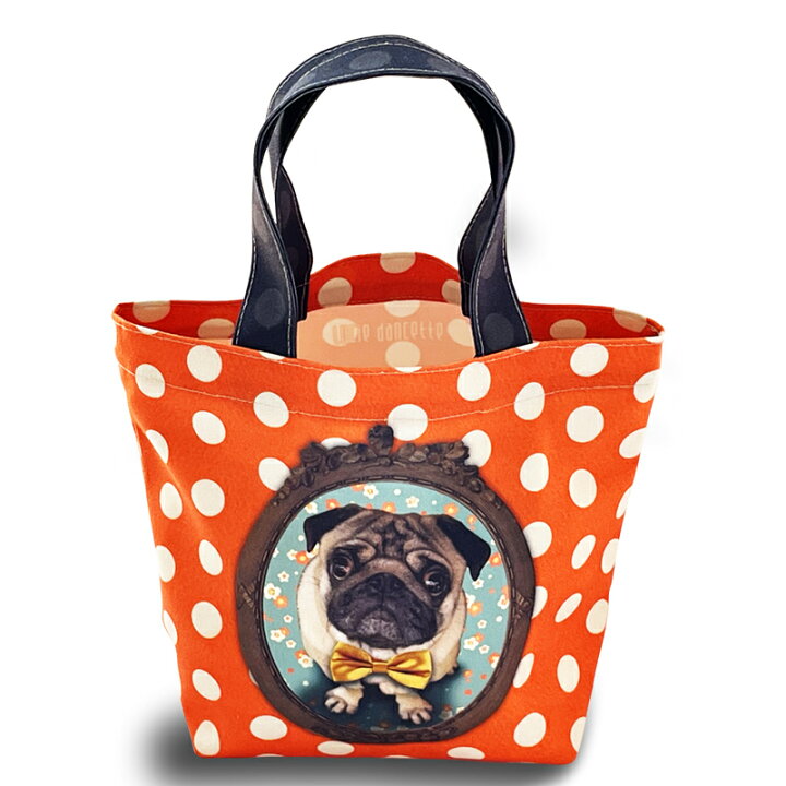楽天市場 メール便 かわいい パグ ランチ ミニ トート バッグ お弁当袋 や お出かけ に レディース イヌ 好き 女子 手提げ おしゃれ プレゼント フランス 雑貨 ブランド リュシーダンセット Lucie Dancette 犬 柄 いぬ 戌年 グッズ オレンジ 水玉