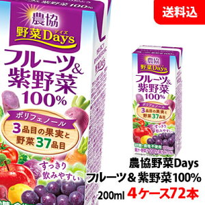 送料無料 雪印メグミルク 農協野菜Days フルーツ&紫(むらさき)野菜ミックス 200ml 4ケース(72本)【砂糖・食塩・着色料・保存料無添加】 紙パック 野菜ジュース