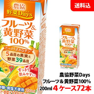 送料無料 雪印メグミルク 農協野菜Days フルーツ&黄(きいろ)野菜ミックス 200ml 4ケース(72本) 【砂糖・食塩・着色料・保存料無添加】 紙パック 野菜ジュース
