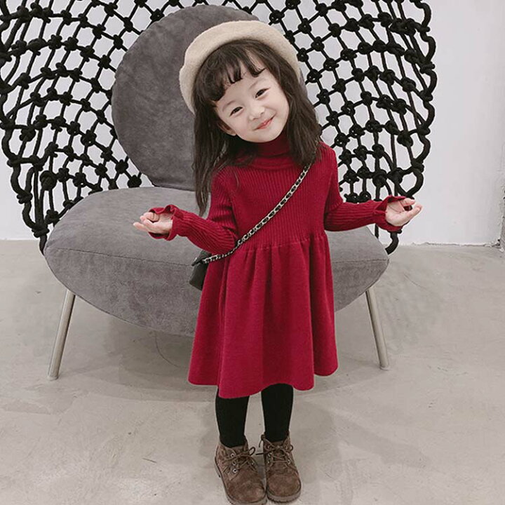 楽天市場 子供 ワンピース ニットワンピース ハイネック 長袖ワンピース タートルネック フレア フリル ニット 女の子 キッズ 子供服 可愛い シンプル リブ編み 無地 カジュアル 秋冬 インナーワンピース お出かけ 90cm 100cm 110cm 1cm 130cm送料無料 クレアガール