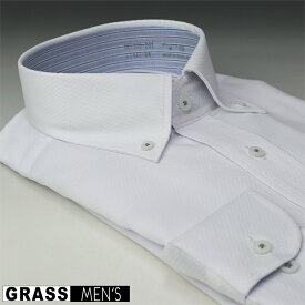 GRASS MEN'S形態安定・ボタンダウン長袖ワイシャツ【ホワイト / ドビー幾何学柄】