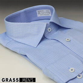 GRASS MEN'S形態安定・ワイドスプレッド長袖ワイシャツ【ライトブルー / ホワイト ヘリンボーン・ストライプ柄】
