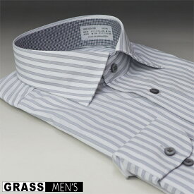 GRASS MEN'S形態安定・ワイドスプレッド長袖ワイシャツ【ホワイト / ネイビー・ライトグレー ストライプ柄】