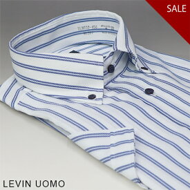 LEVIN UOMO形態安定・ボタンダウン半袖ワイシャツ【ホワイト / ネイビー ダブルストライプ柄】