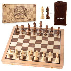 チェスセット AMEROUS Magnetic Wooden Chess Set, 15 Inches Handmade Wooden Folding Travel Chess Board Game Sets with Chessmen Storage Slots for Kids and Adults, 2 Bonus Extra Queens, Gift Box Packed 【並行輸入品】