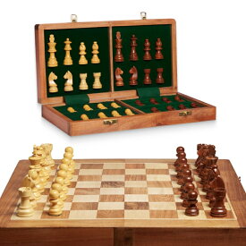 チェスセット Get The Games Out Travel Chess Set | Handcrafted Large Wooden Board, Magnetic Felted Pieces, Portable, Foldable and Easy Storage | Board Game Gift Set for Kids and Adults | 14 x 14.25 Inches (Brown) 【並行輸入品】