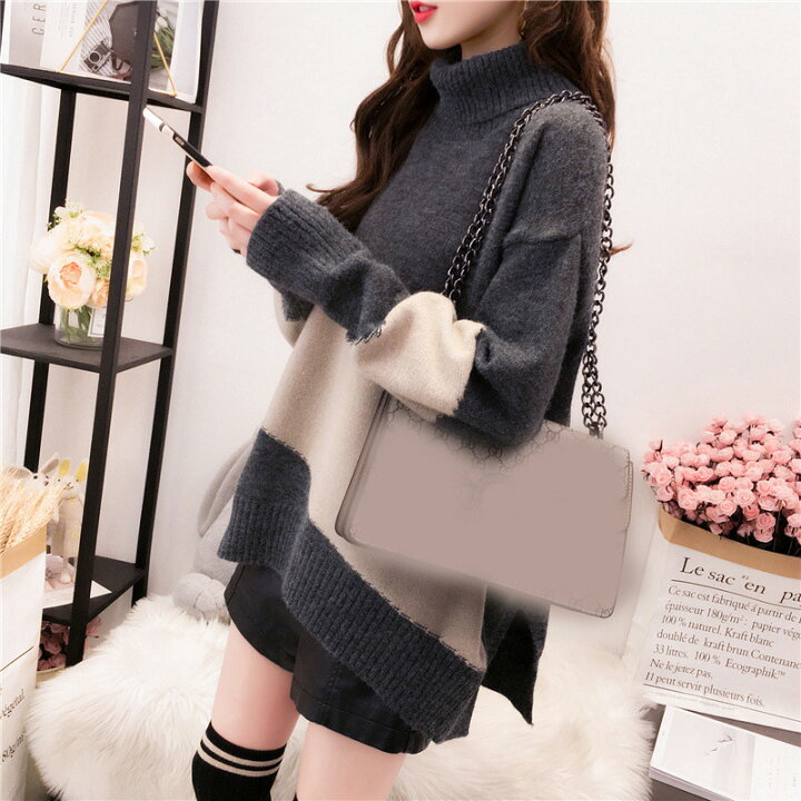 楽天市場 ニットセーター レディース 秋冬 トップス 40代 長袖 ニットソー 配色 韓国風 オシャレ ニットトップス ハイネックセーター ゆったり 通勤 着痩せ オシャレ 30代 3色 Ms Momo 楽天市場店