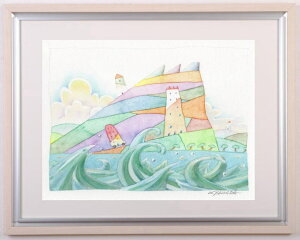 【作家名】田原健二【作品名】波越しの富士 富士山 絵画 インテリア プレゼント 水彩画 ナイーフアート 額付き 国内送料無料