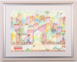 【作家名】田原健二【作品名】逃げた風船 猫 絵画 ナイーフアート 水彩画 インテリア プレゼント 新築祝い 開店祝い 額付き 国内送料無料