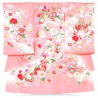 【レンタル】女児 女の子ピンク色手毬刺繍 祝い着 お宮参りレンタル 着物 女 お宮参り着物 / のしめ 産着…