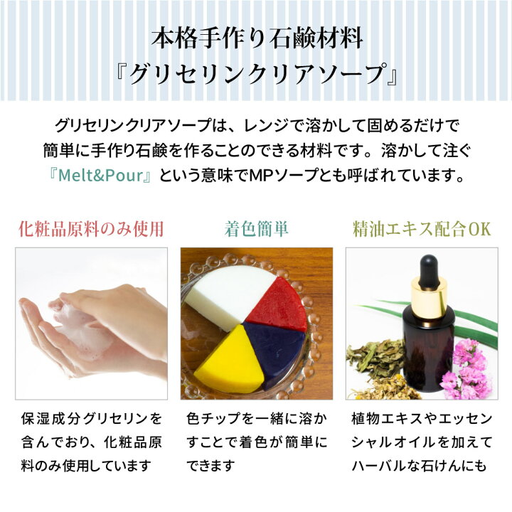 楽天市場 宝石石鹼 宝石石けん グリセリン クリアソープ Mpソープ 簡単 手作りセット 色チップ 4色 精油 シリコンモールド グリセリンソープ とうめいせっけん 手作り石けん 夏休み 自由研究 キット 高学年 子供 小学生 自然化粧品研究所