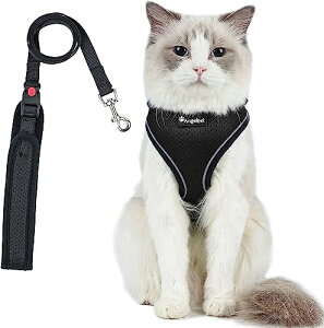 猫 猫用 ハーネス 胴輪 猫具 ねこ ネコ 子猫 子犬 小型犬 散歩 お出かけ 抜けない ベスト ソフト胸あて 軽量 頭を通さずマジックテープで装着 サイズ調節可 夜反射 通気メッシュ (Mサイズ (x 1)