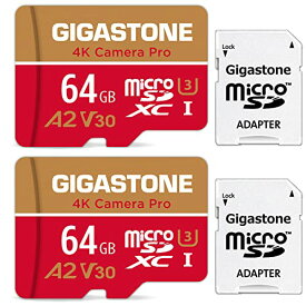 5年保証 Gigastone マイクロSDカード 64GB A2 V30 2個セット, 2 SDアダプタ付き UHD 4K ビデオ録画 95MB/s マイクロSDXC UHS-I U3 Class 10