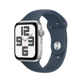 Apple Watch SE (第二世代, 2023) GPS (44mm)ケース用 44mmシルバーアルミニウムケースとストームブルースポーツバンド - M/L フィットネストラッカーと睡眠トラッカー 衝突事故検出 心拍数のモニタリング Reti