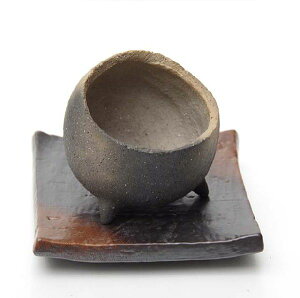 盆栽の鉢 植え替え 盆栽用 陶器鉢 炭化焼締鉢 真山茜・受皿(12cm)セット 鉢底ネット セット済み盆栽 ぼんさい ボンサイ 鉢
