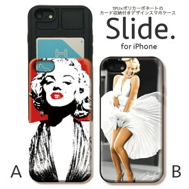 iPhoneSE 第2世代 SE2 iPhone11 Pro Max iPhoneXs XR iPhone8 7 plus 6/6s GalaxyS9 ケース ICカード 収納 背面 スライド収納 耐衝撃 おしゃれ マリリンモンロー Marilyn Monroe グラフィック かっこいい 大人 美しい
