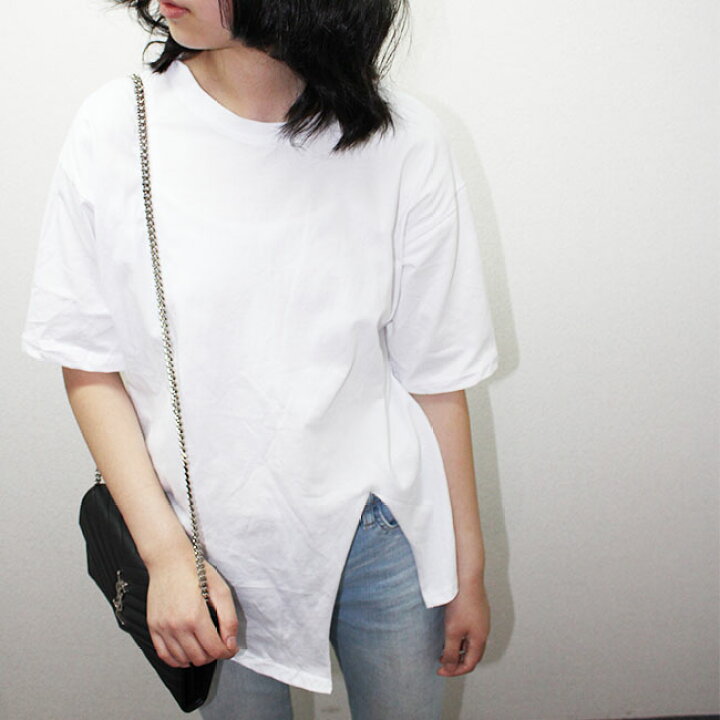 楽天市場 Tシャツ レディース 女性 半袖 ロング丈 Tシャツ カットソー トップス コットン 綿 スリット入り 袖長め 脚長効果 おしゃれ かわいい 夏 送料無料 Noa Ec