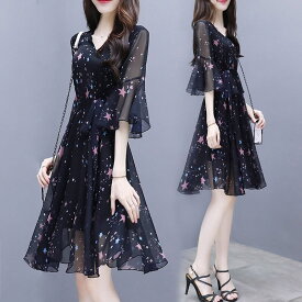 【送料無料】ワンピース レディース ロングワンピース シフォンワンピース 花柄 プリーツ リゾート ロング 膝丈 ミモレ丈 シフォン きれいめ Aライン フレア 大人 上品 半袖 大きいサイズ カジュアル フォーマル 結婚式 パーティー ドレス 春 夏 秋 オフィス 通勤 モード