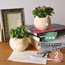 ＼贈り物に／【 2点セット】抗菌 消臭 インテリアグリーン カエル クローバー ネコ マルベリー 光触媒 開運 招福 フェイクグリーン [カエルポット クローバー & ネコポット マルベリーセット ] 造花 観葉植物 四つ葉 水やり不要 母の日 敬老の日 かわいい