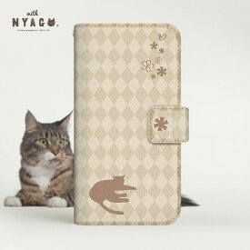 スマホケース 猫 手帳型 全機種対応 薄手【 フレンチ フラワー シルエット ごろにゃん〜 】【with NYAGO】 クリームベージュ 花柄 ねこ 猫柄 iPhone14 13 se Xperia Galaxy AQUOS 可愛い スマホショルダー 猫 ネコ柄 動物