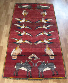 ギャッベ イラン製 214×118cm 手織り ウール100% 天然素材 草木染 トライバル 絨毯 じゅうたん ラグ マット カーペット ギャベ カシュガイ (品番:ALB-4172）