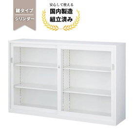 スチール 書庫 引き戸 引違い書庫 生興 ANW-64G ガラス引戸 シリンダー錠 ホワイト