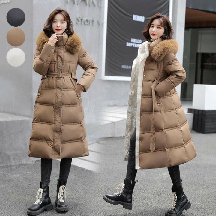 楽天市場 送料無料 ダウンジャケット レディース ダウンコート 可愛い ロングコート 冬アウター 中綿コート ジャケット フェイクファー Aライン フード付き 秋冬 防風 防寒性抜群 防寒着 着痩せ 体型カバー 韓国風 母 ママ 通勤 黒 カジュアルコート 大きいサイズ M
