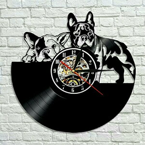 犬 フレンチブルドッグ レコード盤 壁掛け時計 クロック ウォッチ インテリア アート 輸入雑貨 黒 ブラック 30cm