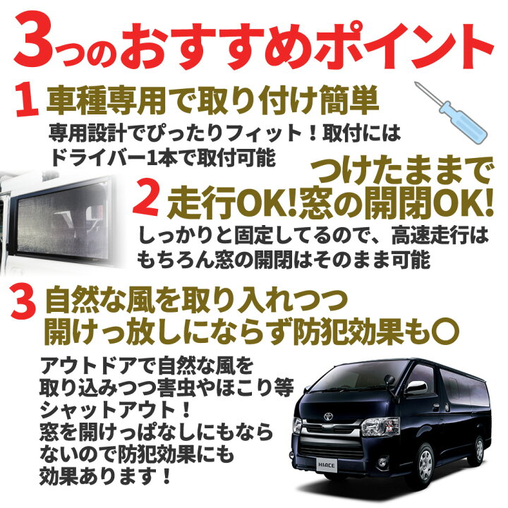 楽天市場 車用網戸 黒 カーアミド 車網戸 ハイエース 0系 4型 5型 6型 1枚 車中泊 グッズ 虫除け アウトドア キャンプ 自然風 ウインドウネット 取付簡単 窓枠 外装 パーツ 便利 キャンピングカー用品 パーツ 車用 Diy カスタム Mdnマドンナ
