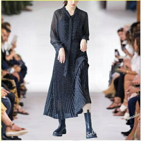 高級感ドット柄ワンピース　シフォンプリーツスカート　ネイビー　ミモレ丈ワンピース　大きいサイズ有　送料無料 女子会細く見える通勤通学20代30代40代
