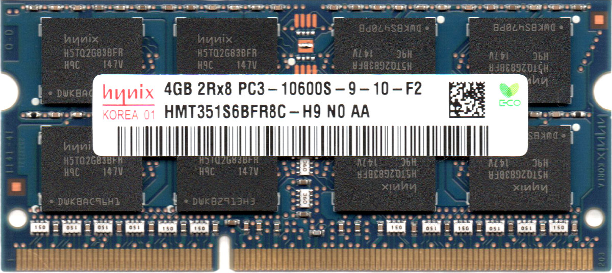 楽天市場】【ポイント2倍】hynix PC3-10600S (DDR3-1333) 4GB SO-DIMM 204pin ノートパソコン用メモリ  型番：HMT351S6BFR8C-H9 両面実装 (2Rx8) 動作保証品【中古】 : 電子部品商会