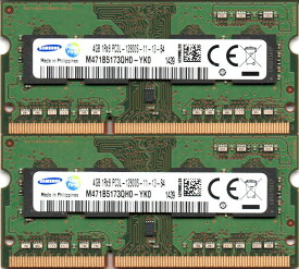 【ポイント2倍】SAMSUNG 低電圧メモリ (1.35V) PC3L-12800S (DDR3L-1600) 4GB x 2枚組み 合計8GB SO-DIMM 204pin ノートパソコン用メモリ 両面実装 (1Rx8)の2枚組 動作保証品【中古】