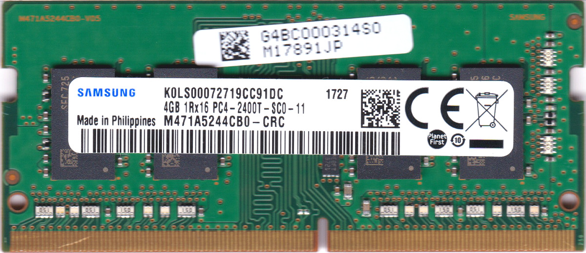 送料無料のDDR4 4GBノートパソコン用メモリ SAMSUNG PC4-19200 DDR4-2400 4GB SO-DIMM 260pin 中古 PC4-2400T-SC0-11 型番：M471A5244CB0-CRC ノートパソコン用メモリ 片面実装 予約販売 1Rx16 返品不可 動作保証品