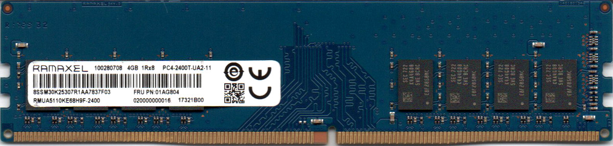【新品本物】 送料無料の DDR4 4GB デスクトップパソコン用メモリ RAMAXEL PC4-19200U DDR4-2400 DIMM PC4-2400T-UA2-11 1Rx8 型番：RMUA5110KE68H9F-2400 動作保証品 288pin 人気商品 中古 片面実装