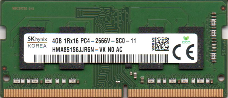 【ポイント2倍】SK hynix PC4-21300S (DDR4-2666) 4GB 1Rx16 PC4-2666V-SC0-11 SO-DIMM  260pin ノートパソコン用メモリ 型番：HMA851S6JJR6N-VK 片面実装 (1Rx16) 動作保証品【中古】 | 電子部品商会